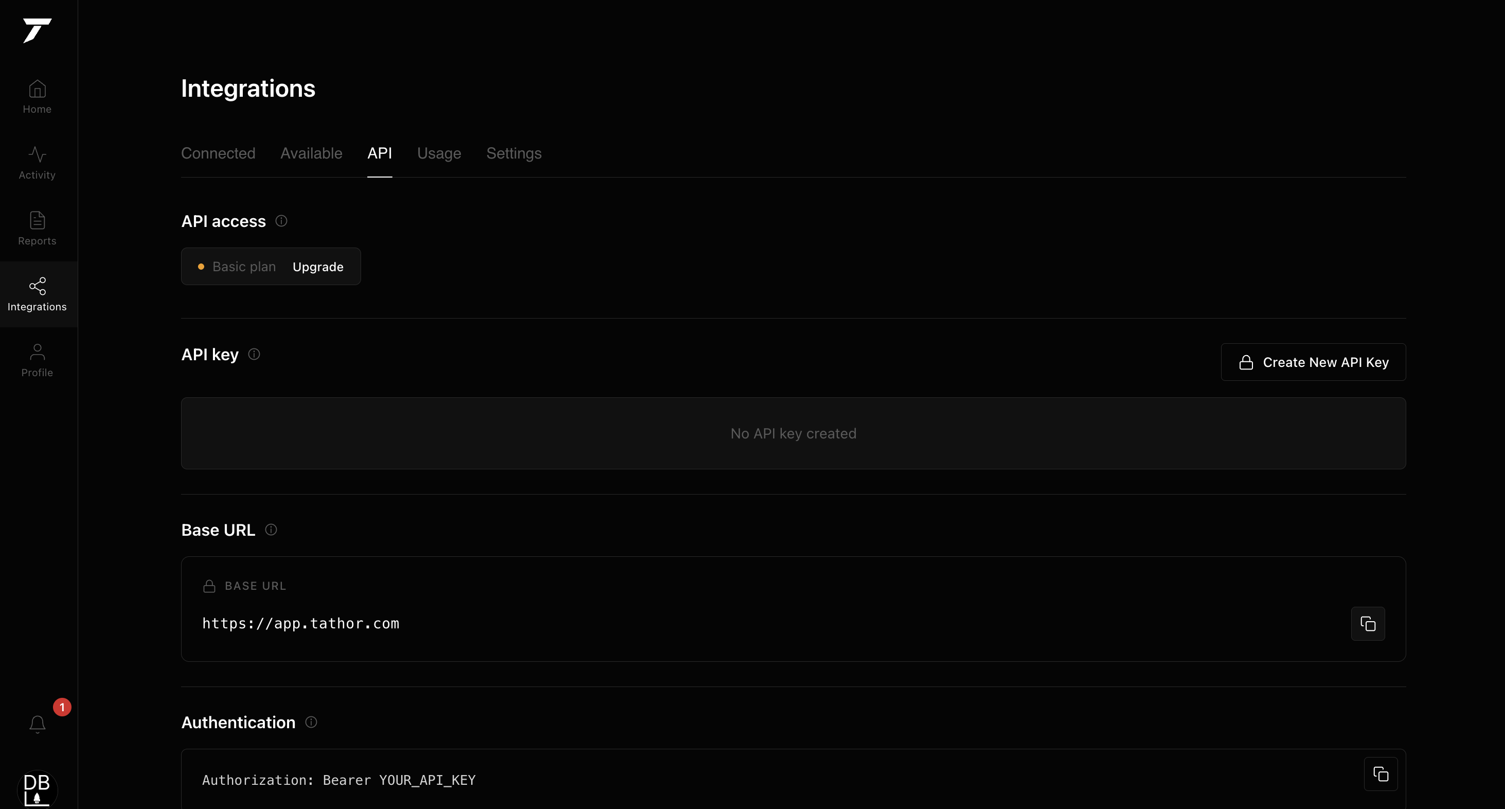 Tathor Integrations API — API key, base URL, and auth header