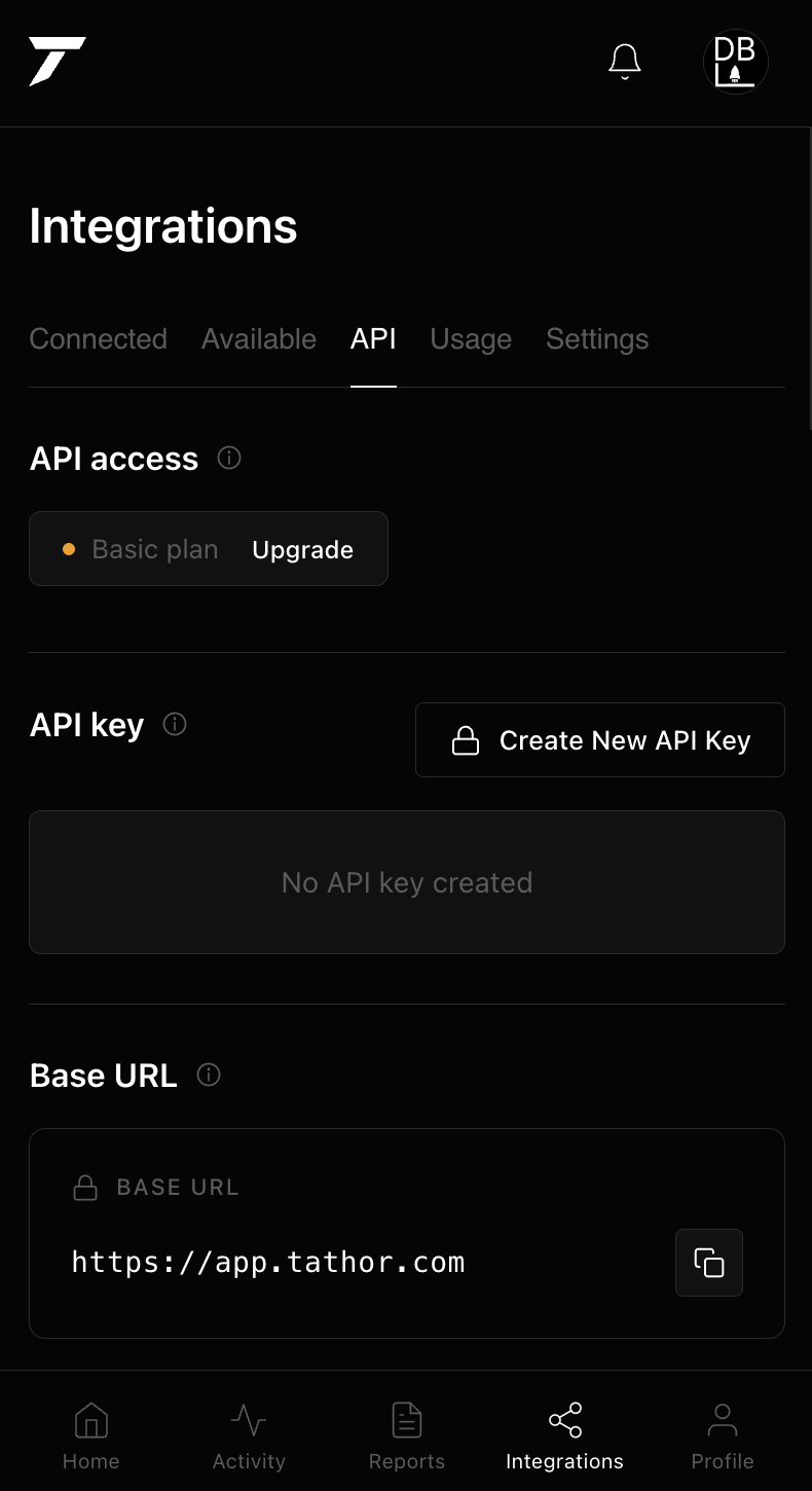 Tathor mobile Integrations — API tab