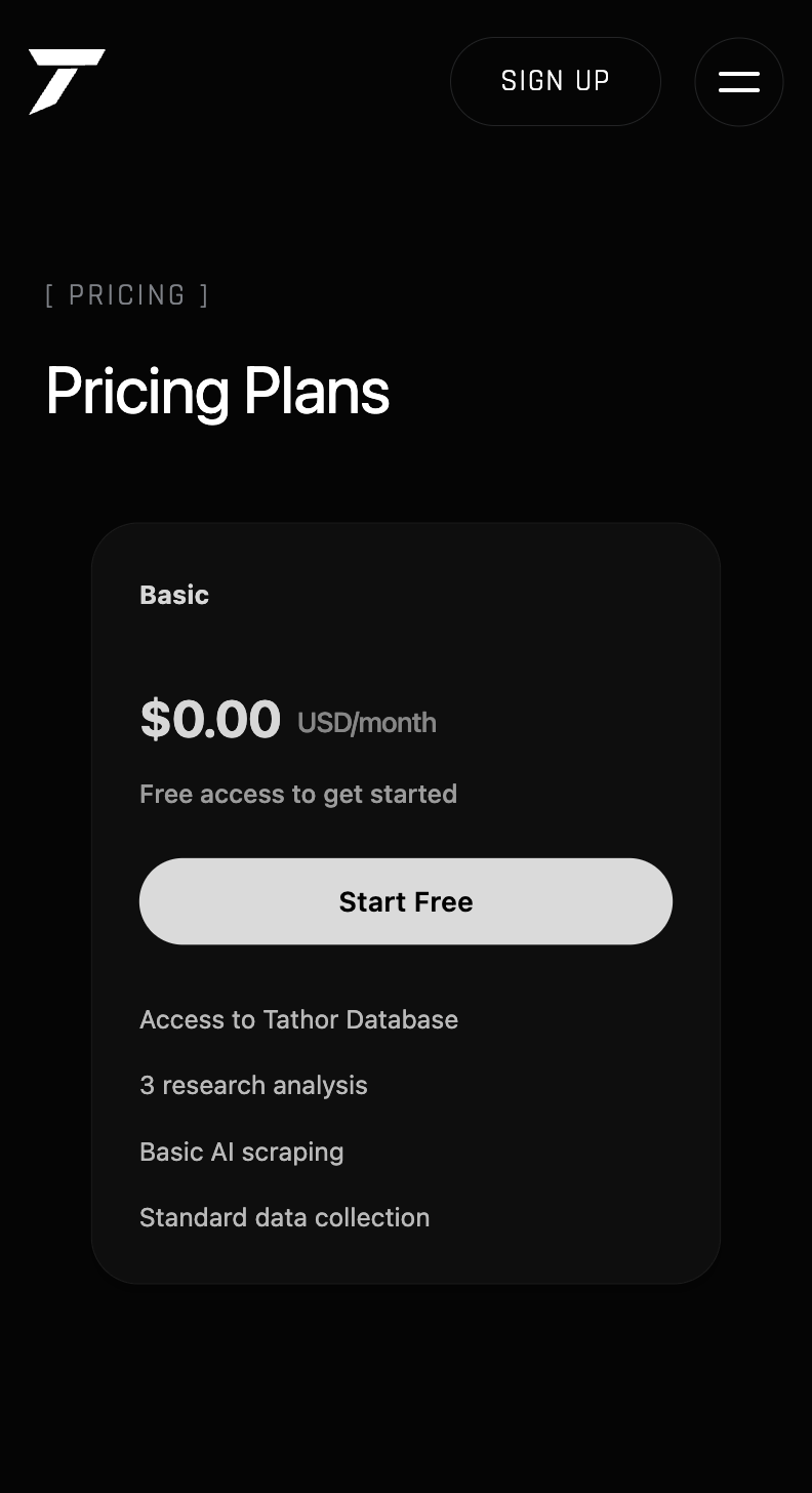 Tathor mobile site — Pricing Plans