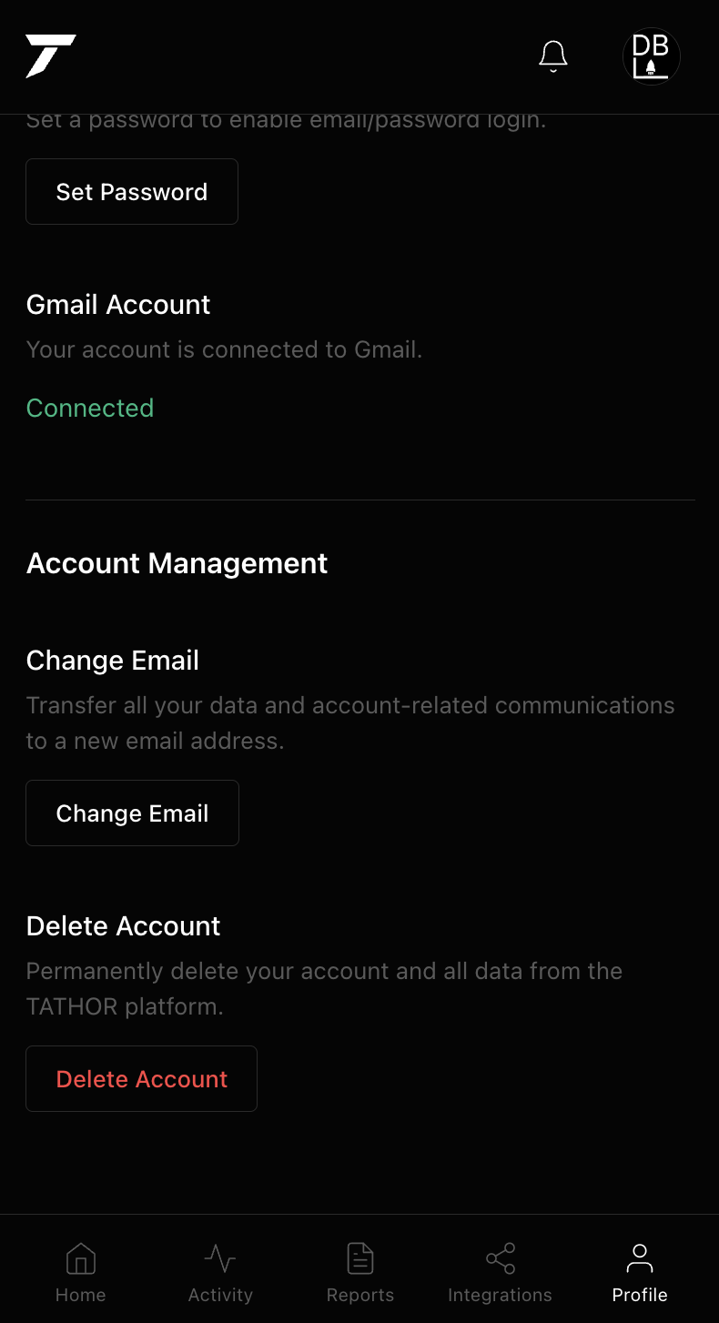 Tathor mobile Profile — account management