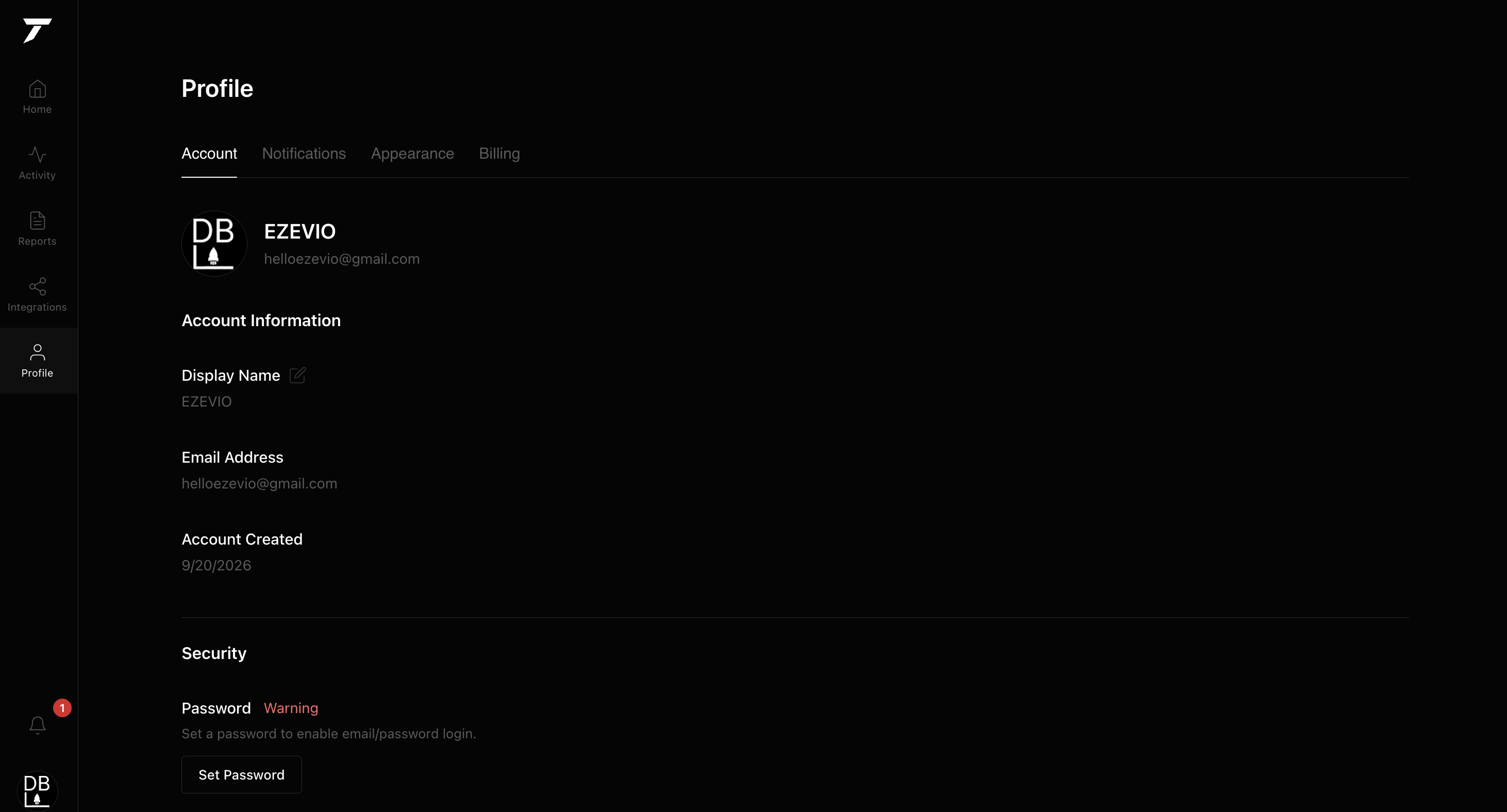 Tathor Profile Account — display name, email, and password