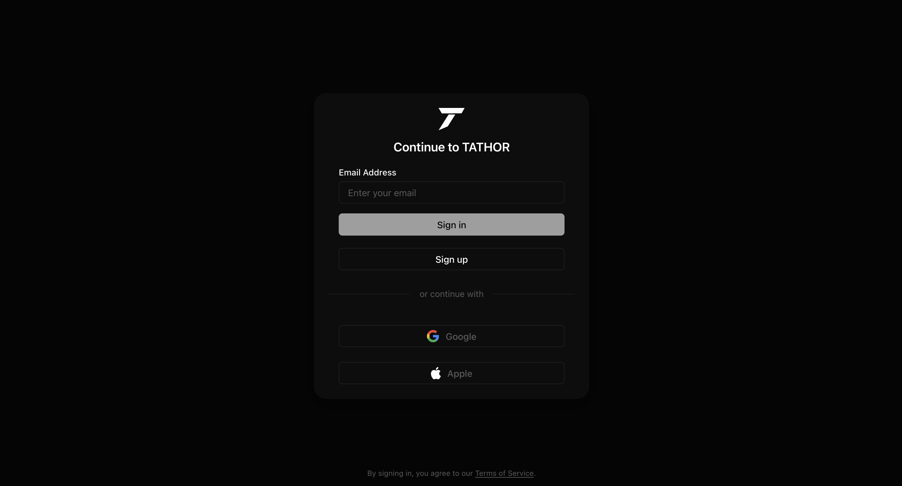 Tathor sign in — email, Google, and Apple
